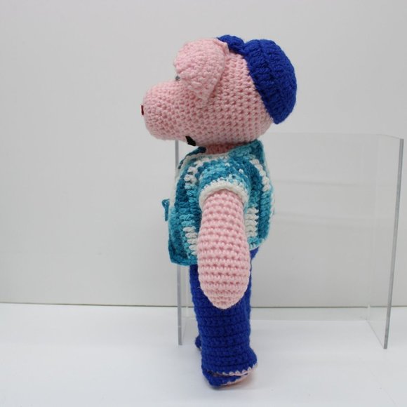 Crochet Knit Stuffed Pink Pig 14 Inch Tall Toy Doll Handmade Vintage - Picture 3 of 9